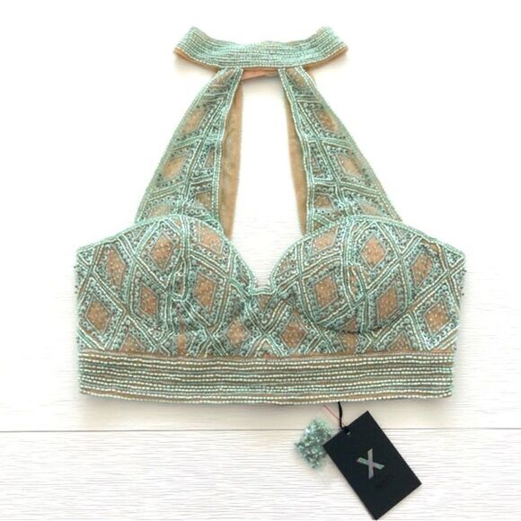 X by NBD REVOLVE Cool As Ice Top in Silver Mint Green Beaded Halter S NWT - Picture 3 of 12